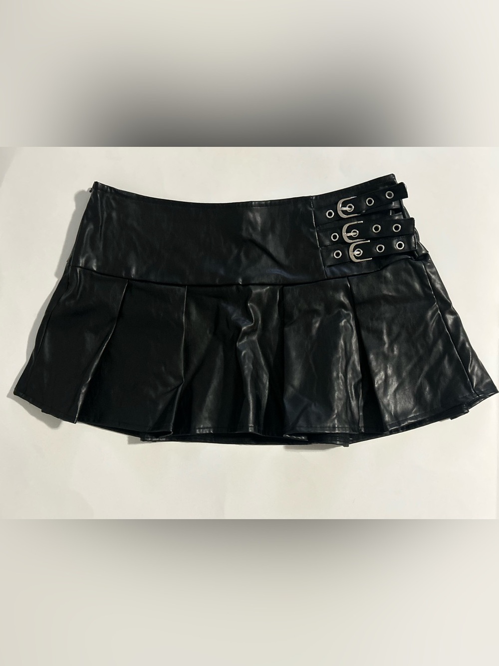 PrettyLittleThing Black Faux Leather Pleated Mini Skirt with Triple Buckle Waist